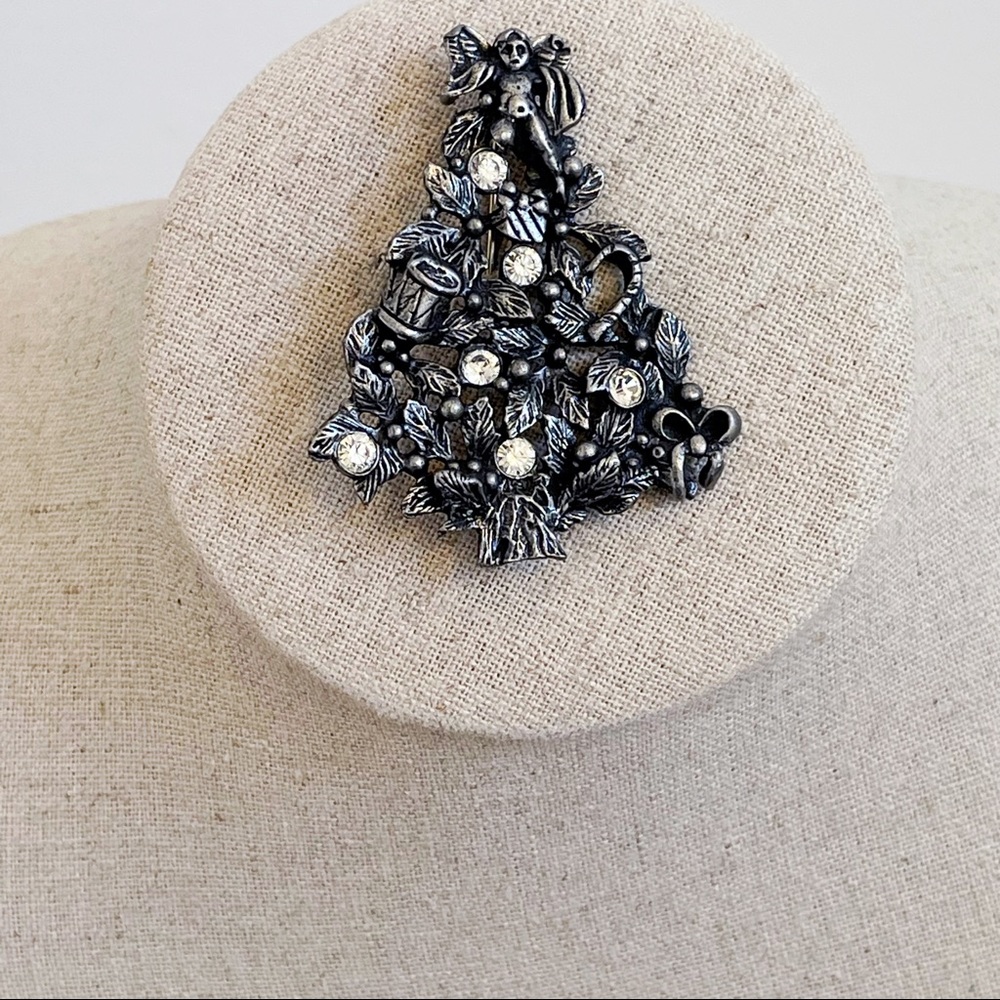 Vintage Pewter AS CZ Christmas Tree Holiday Brooch